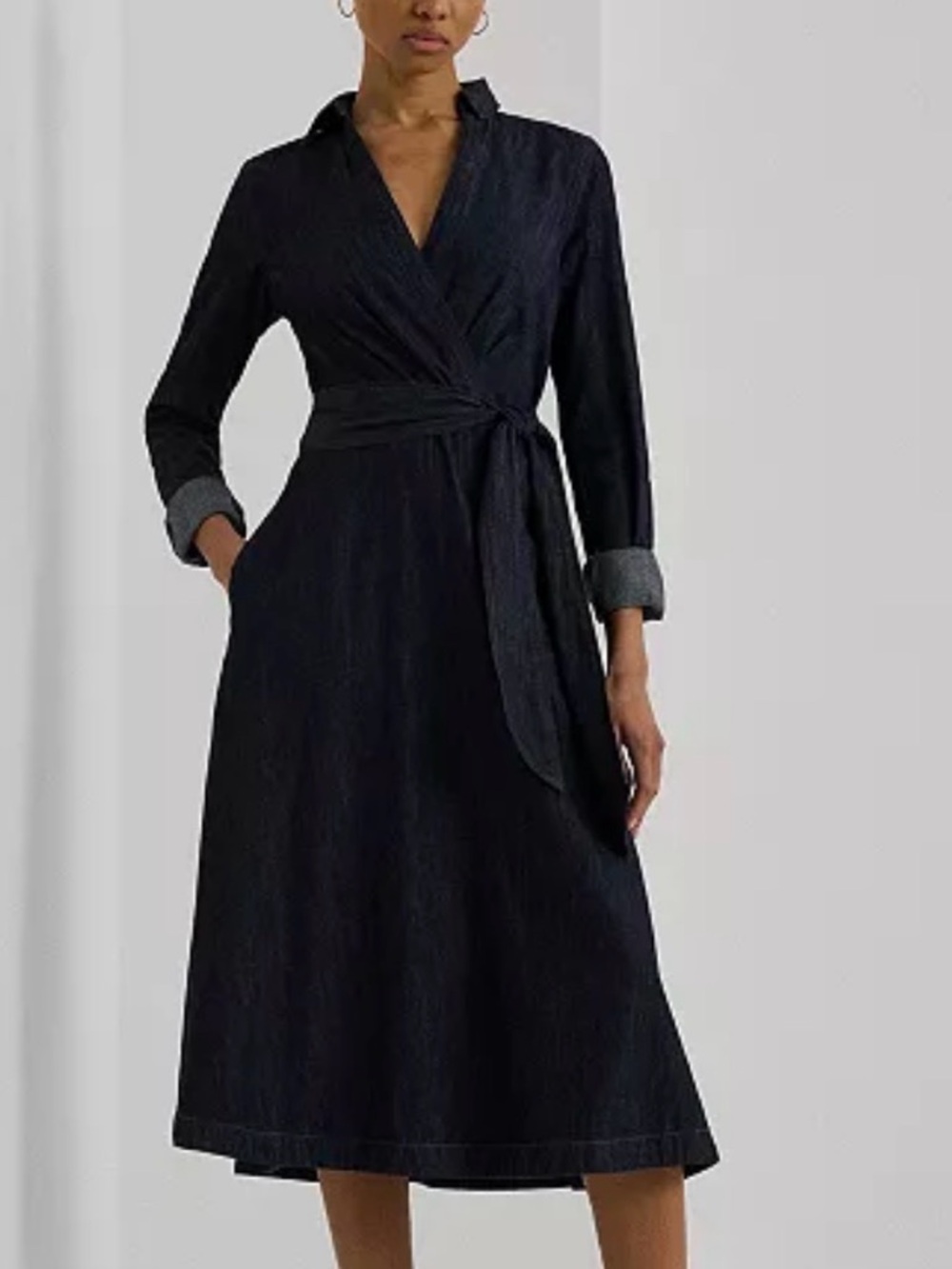 NWT Lauren Ralph Lauren sz10 Women's Self-Belt Long-Sleeve Dark Denim Midi Dress